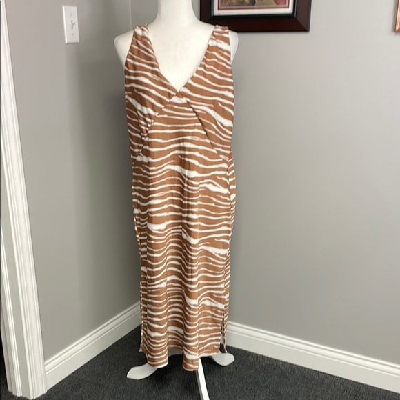 NWT A New Day Khaki Satin Maxi V-Neck Slip Dress Zebra Stripes Sexy Slinky Large - Picture 1 of 6